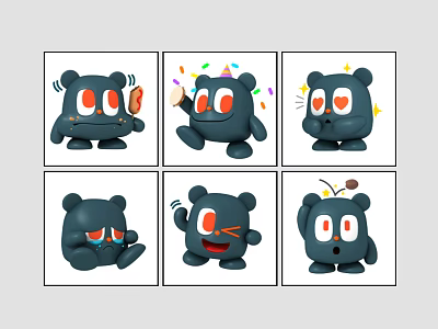 Set Of Six Cute Black Cartoon Characters With Various Expressions And Actions 3d model