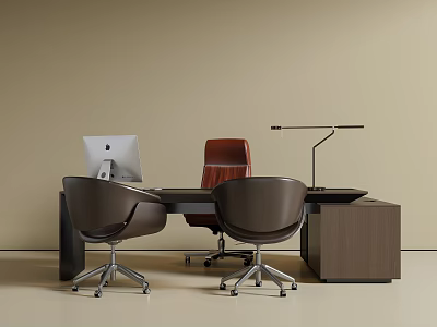 Modern Minimalist Office Desk With Apple Monitor Brown Chairs Desk Lamp And Storage Drawers 3d model