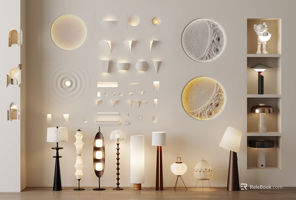 Modern Decorative Lights With Textured Circular Designs And Floor Lamps In Interior Display Setup 3d model 