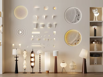 Modern Decorative Lights With Textured Circular Designs And Floor Lamps In Interior Display Setup 3d model