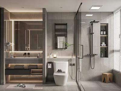Modern Bathroom Interior With Tile Walls Shower Area Toilet Vanity Mirror And Shelf 3d model