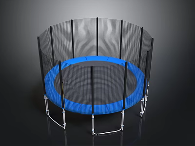 Round Trampoline With Blue Jumping Mat Black Enclosure Net And White Frame 3d model