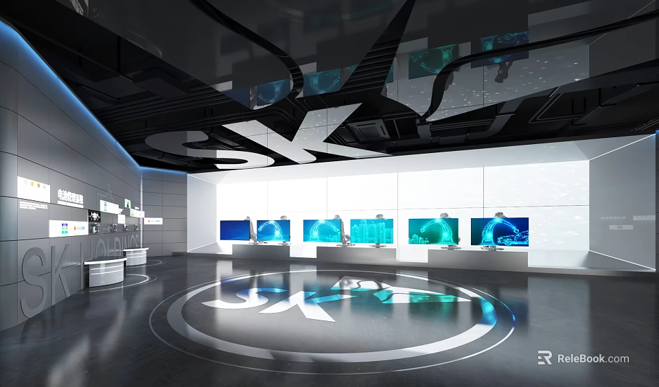 Modern Tech Exhibition Hall Featuring Multiple Screens And SK Logo On Floor 3d model 