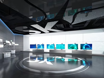 Modern Tech Exhibition Hall Featuring Multiple Screens And SK Logo On Floor 3d model