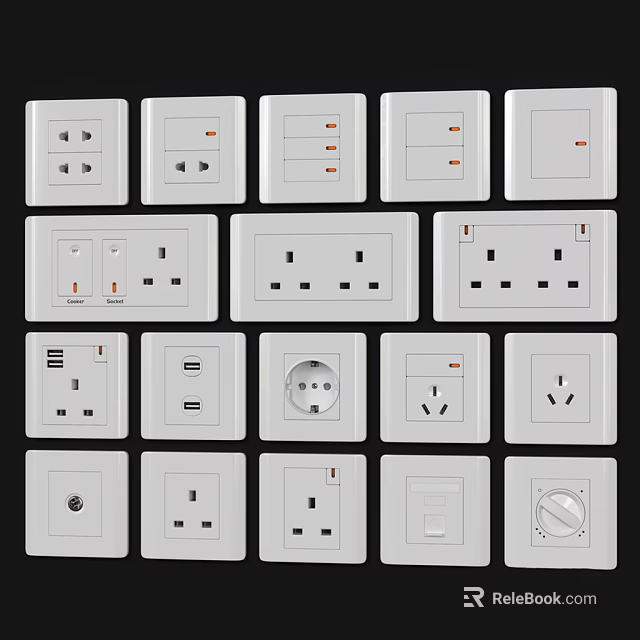 White Switch Panels With Various Types Including Sockets Switches And USB Ports 3d model 