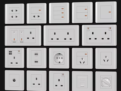 White Switch Panels With Various Types Including Sockets Switches And USB Ports 3d model