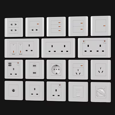 White Switch Panels With Various Types Including Sockets Switches And USB Ports 3d model