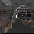 Industrial Vintage Hotpot Restaurant Interior With Weathered Brick Walls Arched Structure And Orange Chairs
