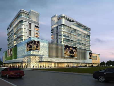 Modern Commercial Street with High Rise Buildings Billboards Cars and Pedestrians at Dusk 3d model