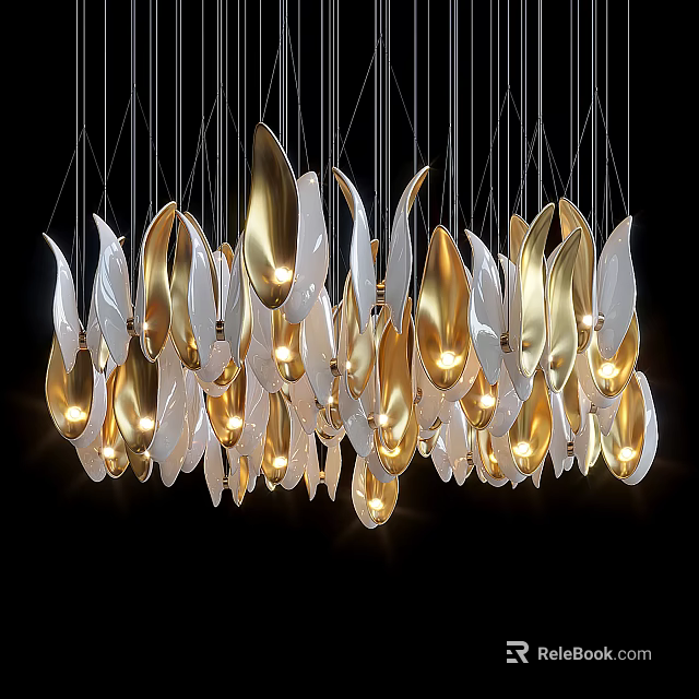 Modern Leaf Shaped Gold And White Chandelier With Illuminated Design Against Black Background 3d model 