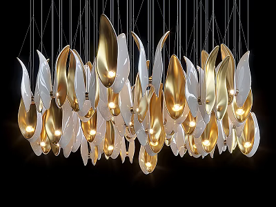 Modern Leaf Shaped Gold And White Chandelier With Illuminated Design Against Black Background 3d model