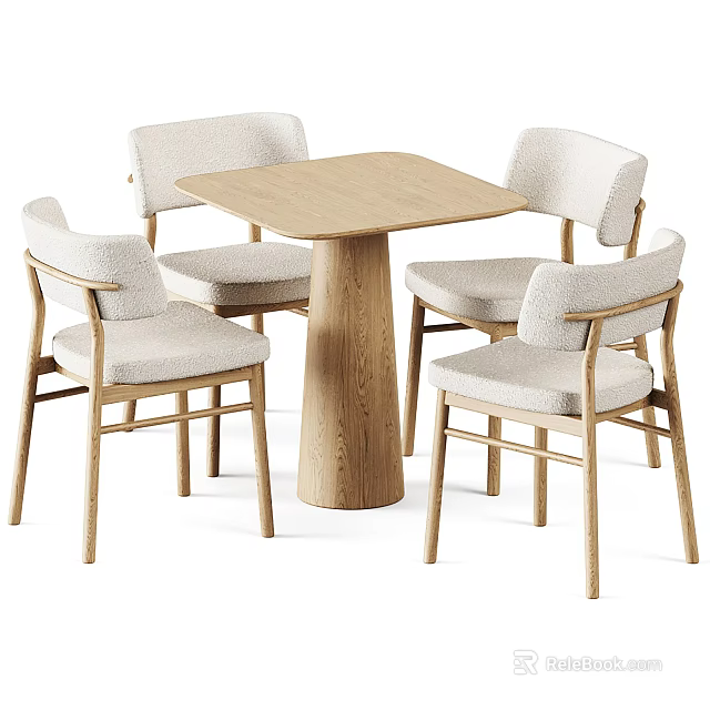 Modern Dining Table Set With Square Wooden Top And Four Light Upholstered Chairs 3d model 