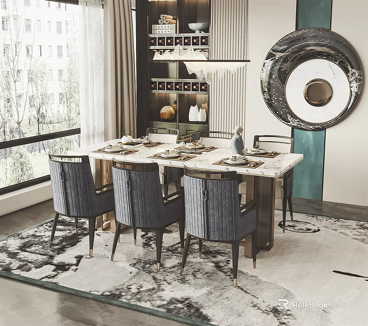 Luxury Modern Dining Table Set With Marble Top Chairs Tableware And Decorative Art 3d model