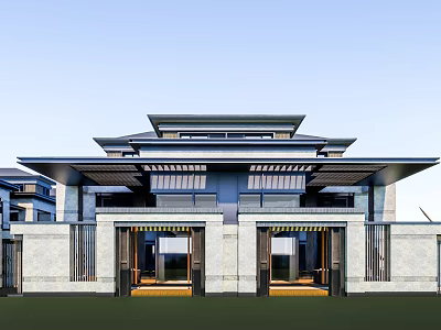 Semi Detached Villa Modern Architecture With Symmetrical Facade Large Windows And Stone Walls 3d model