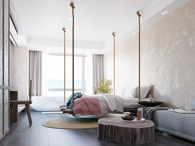 Cozy Modern Bedroom Interior Design With Hanging Swing Bed Large Windows And Potted Plant 3d model