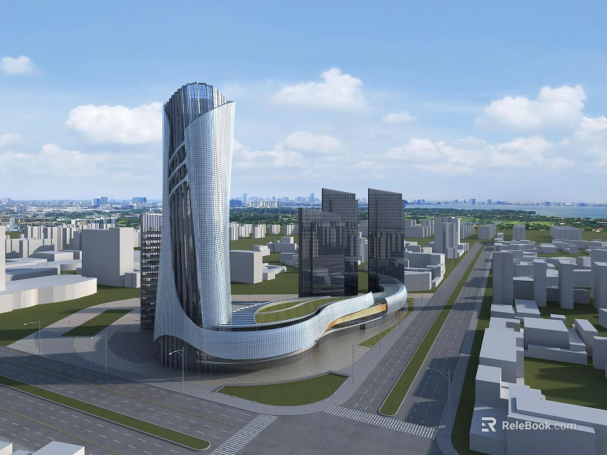 Unique Modern Office Building With Curved Architecture And Urban Skyline View 3d model 