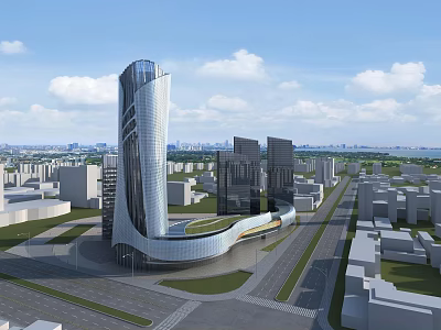Unique Modern Office Building With Curved Architecture And Urban Skyline View 3d model