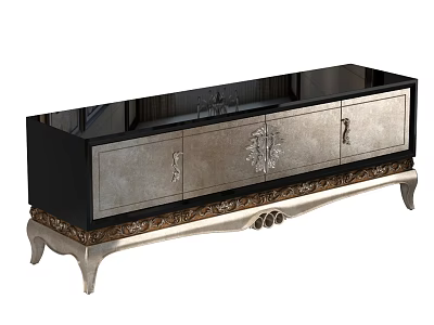 Elegant Black Silver TV Stand With Glass Top And Ornate Metal Legs 3d model
