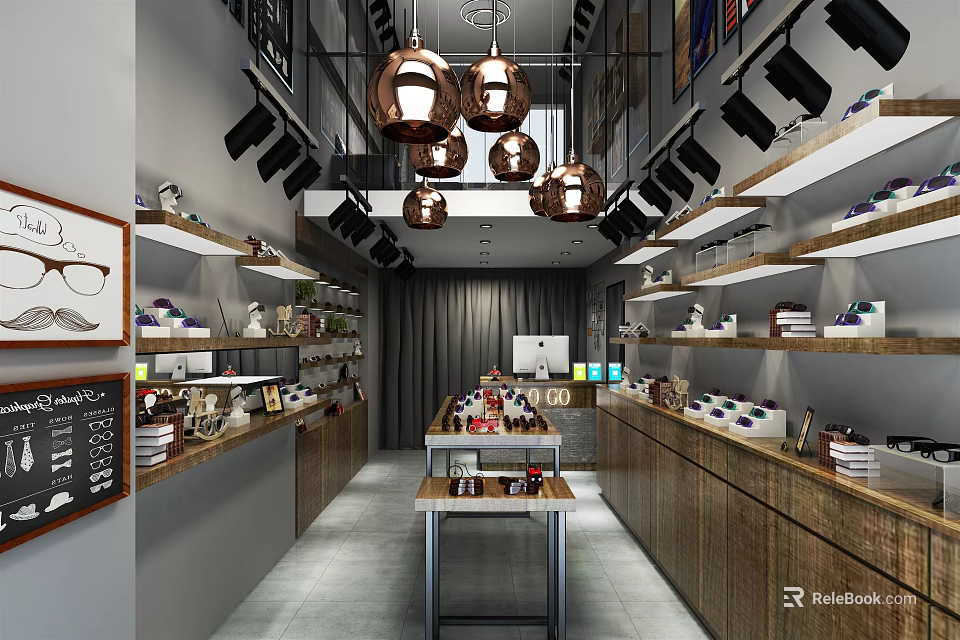 Modern Specialty Store Interior With Shelves Display Tables And Pendant Lights 3d model 