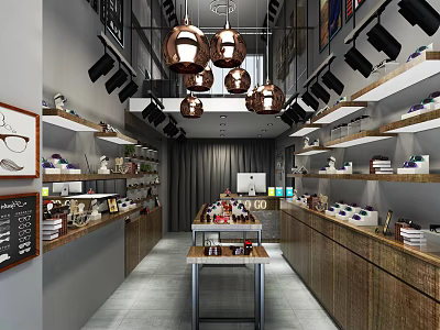 Modern Specialty Store Interior With Shelves Display Tables And Pendant Lights 3d model
