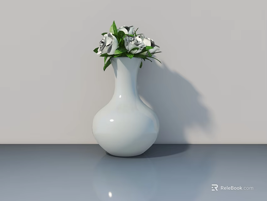 Elegant White Hinged Door With Vase Of Green And White Flowers On Gray Tabletop 3d model 