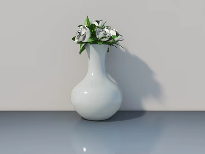 Elegant White Hinged Door With Vase Of Green And White Flowers On Gray Tabletop 3d model