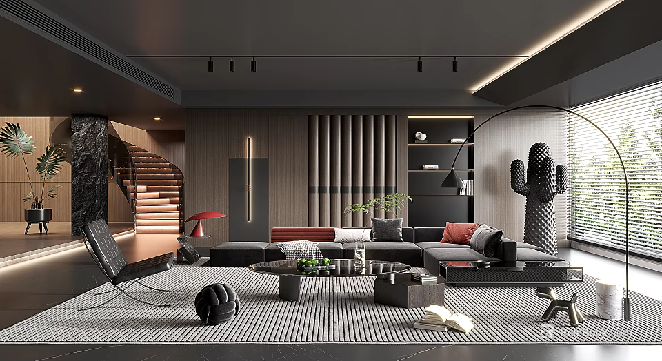 Modern Living Room Interior With Grey Sofa Coffee Table Striped Rug And Decorative Plants 3d model 