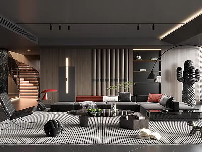 Modern Living Room Interior With Grey Sofa Coffee Table Striped Rug And Decorative Plants 3d model