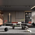 Modern Living Room Interior With Grey Sofa Coffee Table Striped Rug And Decorative Plants