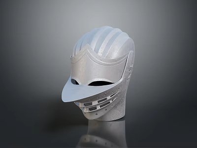 Medieval Weapon Helmet with Silver Metallic Finish and Striped Face Design 3d model