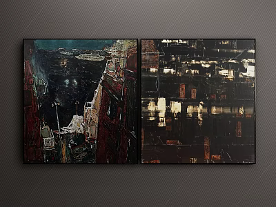 Modern Abstract City Night Paintings On Dark Wall With Artistic Design 3d model