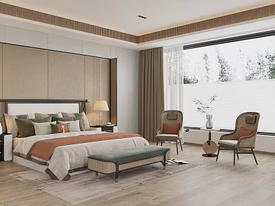 Modern Luxury Bedroom Interior With Upholstered Headboard Bed Two Armchairs Rug And Wooden Flooring 3d model