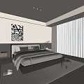 Modern Bedroom Interior With Bed Wall Art Pendant Light Window Curtains And Area Rug