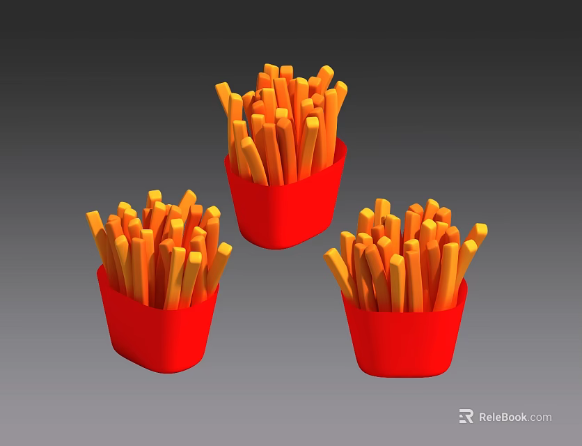Three Tasty Red Paper Cups Filled With Crispy French Fries 3d model 