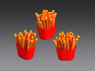 Three Tasty Red Paper Cups Filled With Crispy French Fries 3d model