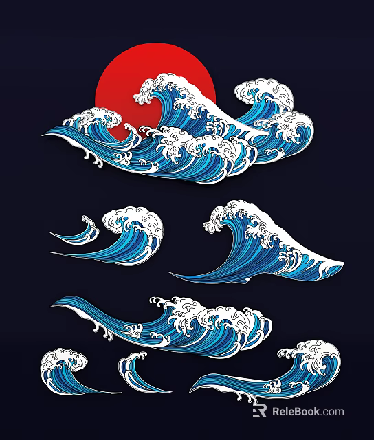 Japanese Ukiyo e Style Wave Pattern Wall Decor With Artistic Blue White Design 3d model 