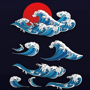 Chinese Style National Tide Waves Water Lines Texture Hand-painted Illustration Decorative Patterns 3d model