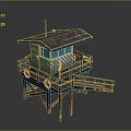 Elevated Lifeguard Tower With Blue Roof Green Walls Lifebuoys And Wooden Stairs