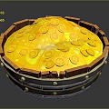 Jewelry Collection Displaying Gold Coins Floating in Yellow Liquid Inside Wooden Barrel with Dollar Signs