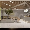 Modern Milk Tea Shop Interior Design With Wooden Ceiling Yellow Chairs Green Plant And Tables