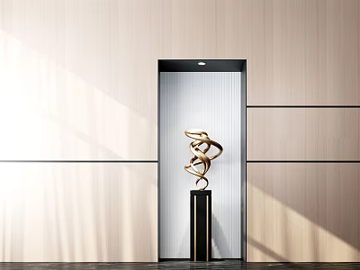 Golden Abstract Sculpture On Black Pedestal In Modern Room With Light Wooden Wall Illumination 3d model