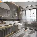 Modern Gray Bathroom Interior With Round Mirror Marble Vanity Shower Area And Green Plant