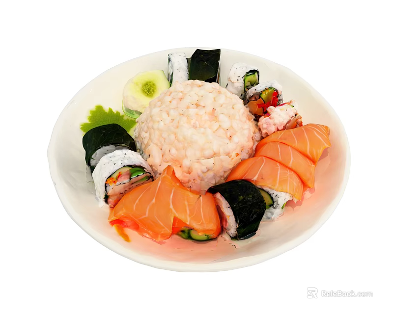 Delicious Fresh Sushi Platter With Salmon Slices Rice Assorted Rolls And Ginger 3d model 