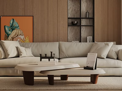 Three Seater Beige Sofa with Cushions Coffee Table and Wall Painting in Living Room 3d model