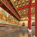 Traditional Buddhist Temple Interior With Red Pillars Golden Ceiling Painted Walls And Buddha Statues