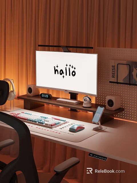 Modern Style Shelf in Home Office Workspace with Computer Monitor Headphones Speakers and Accessories 3d model 