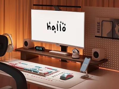 Modern Style Shelf in Home Office Workspace with Computer Monitor Headphones Speakers and Accessories 3d model