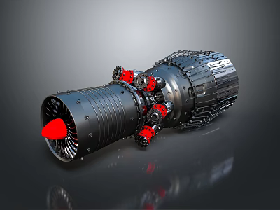 Jet Turbine Engine With Red Components Turbine Blades And Metal Casing 3d model