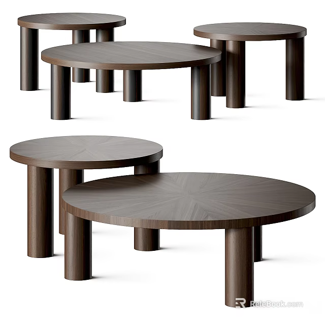 Round Wooden Coffee Table Set with Cylindrical Legs and Minimalist Design 3d model 