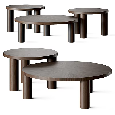 Round Wooden Coffee Table Set with Cylindrical Legs and Minimalist Design 3d model